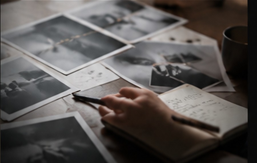 テーブルに広げられたモノクロ写真とノートに書き込む手元