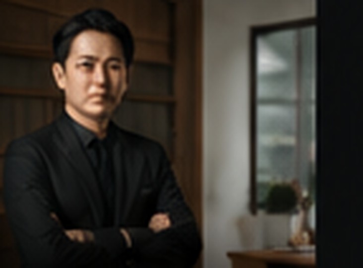 書斎で腕を組む経営者のポートレート